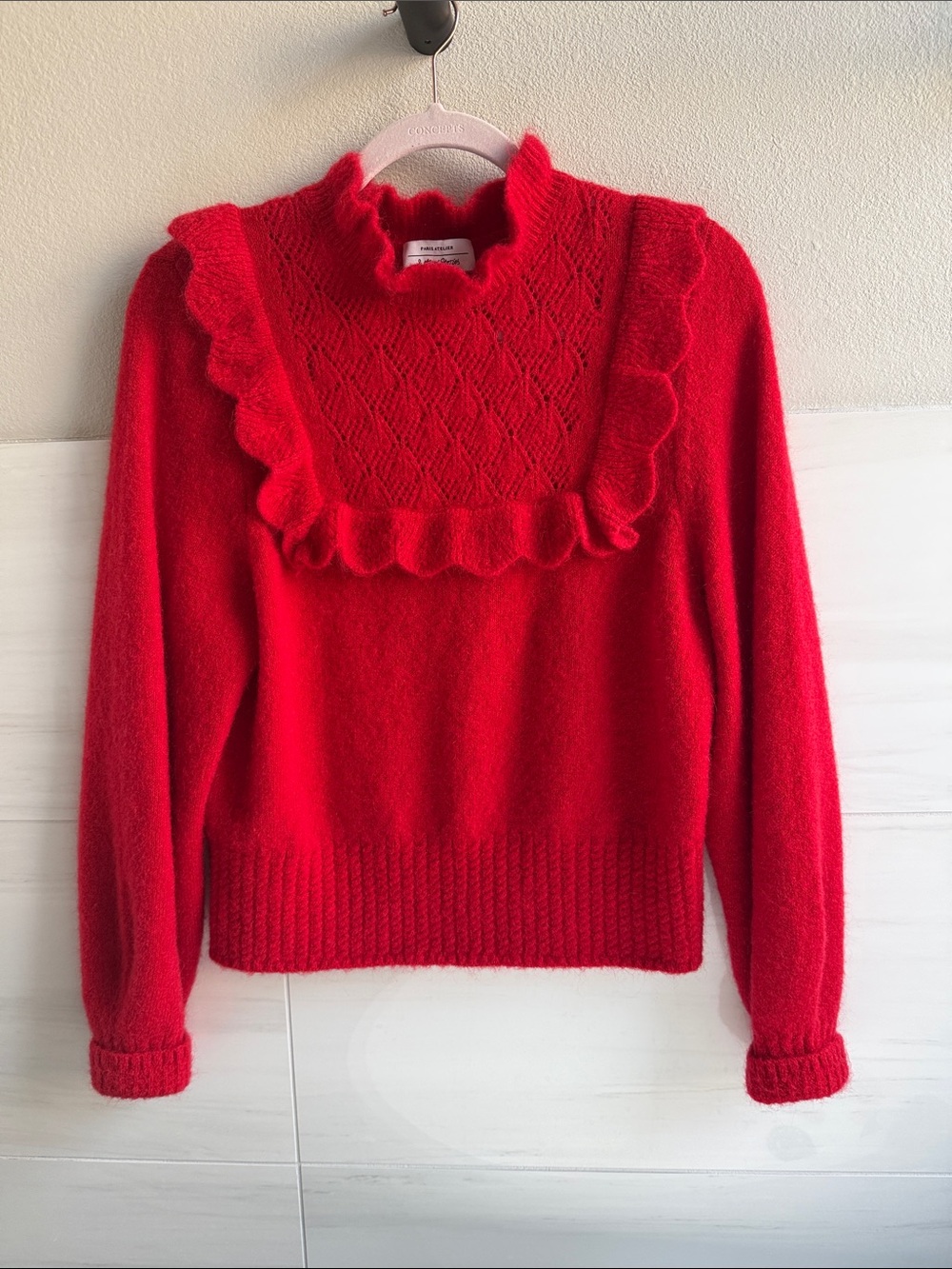 & Other Stories Red Ruffle-Yoke Knit Sweater